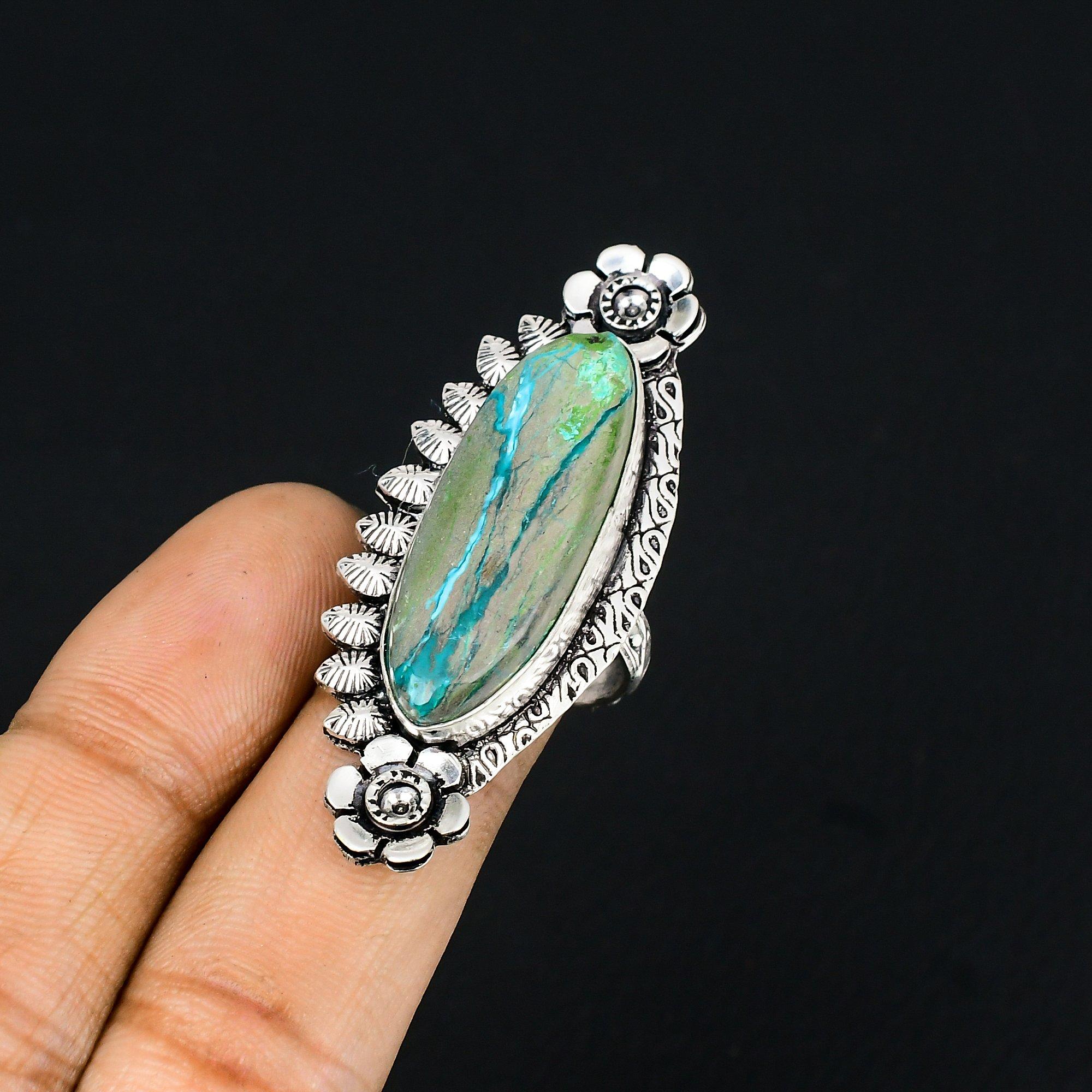 925 Silver Azurite Malachite Stone Unique Statement New Flower Ring Jewelry US 7 7