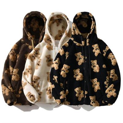 Autumn Winter Women's Hooded Plush Bear Printed Cartoon Sweater, Women's Winter Warm Jacket, Fleece Jacket