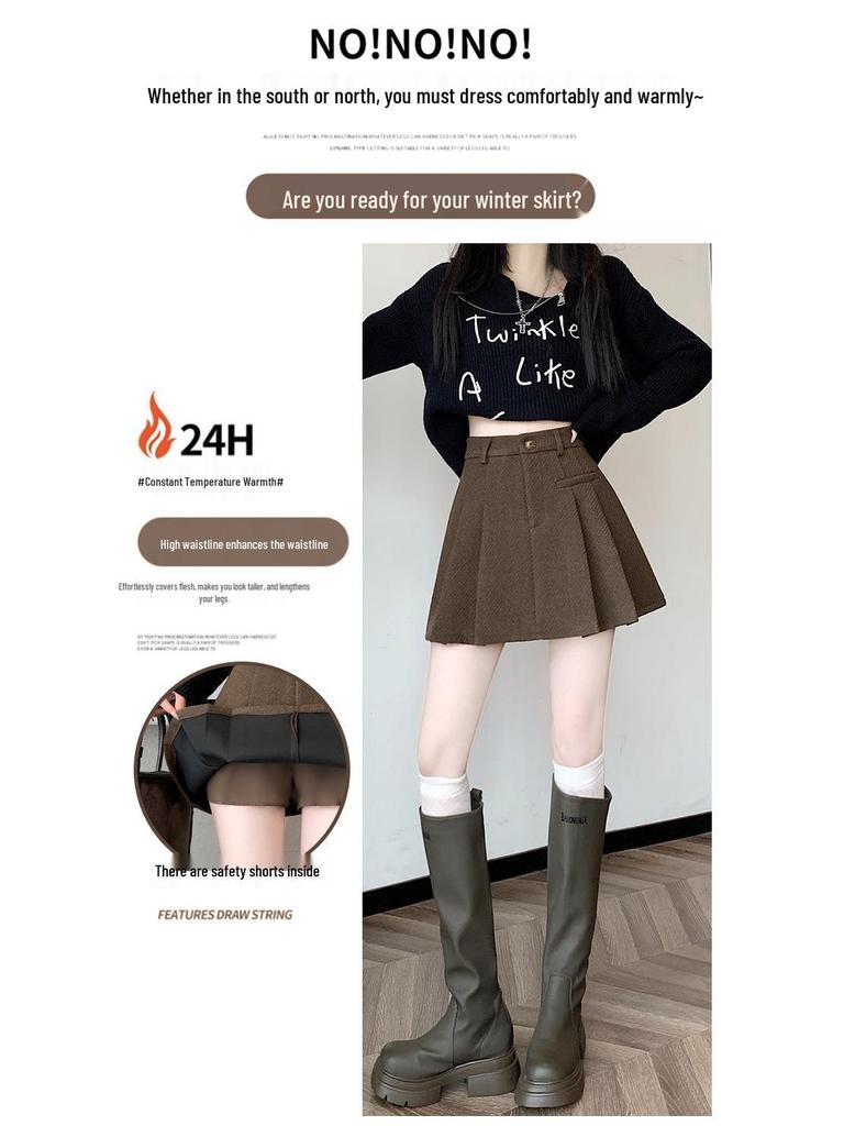 Damen Hochtaillierter Grauer Woll Karierter Plissierter Petite A-Linien Rock - Anti-Exposure, Schlankmachend, Herbst/Winter