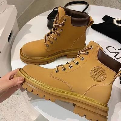 Damenstiefel Klassische High-Top Lederstiefel Mode Lässige Kurze Stiefel Leder Gelbe Stiefel Schnürung Damen Knöchelhohe Stiefel Bottines Femmes