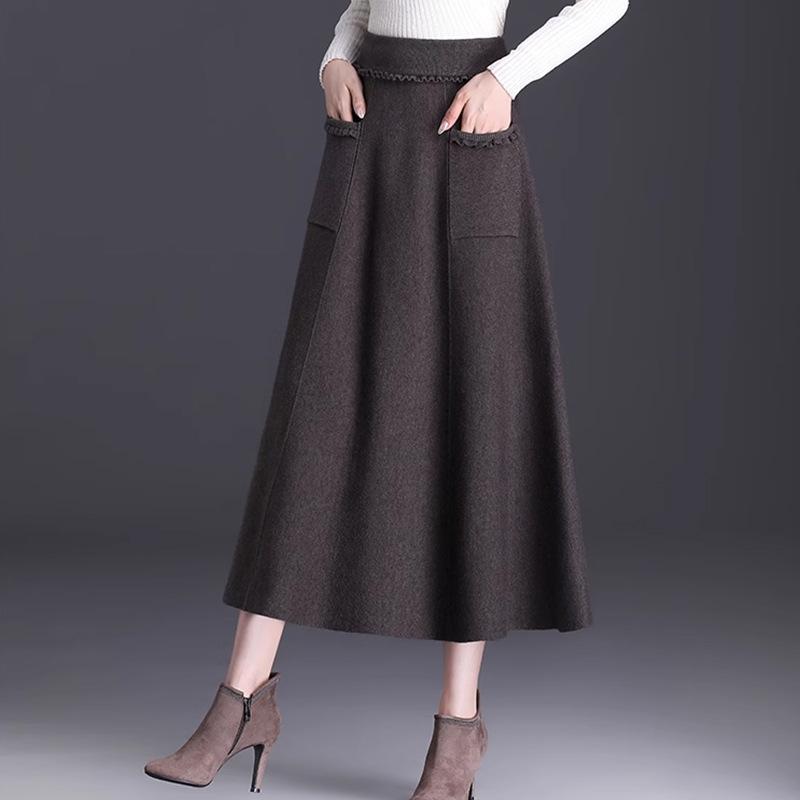 

Вязаная шерстяная миди-юбка А-силуэта - Плотная, плиссированная и стройнящая для осени/зимы One Size 80-150 kg