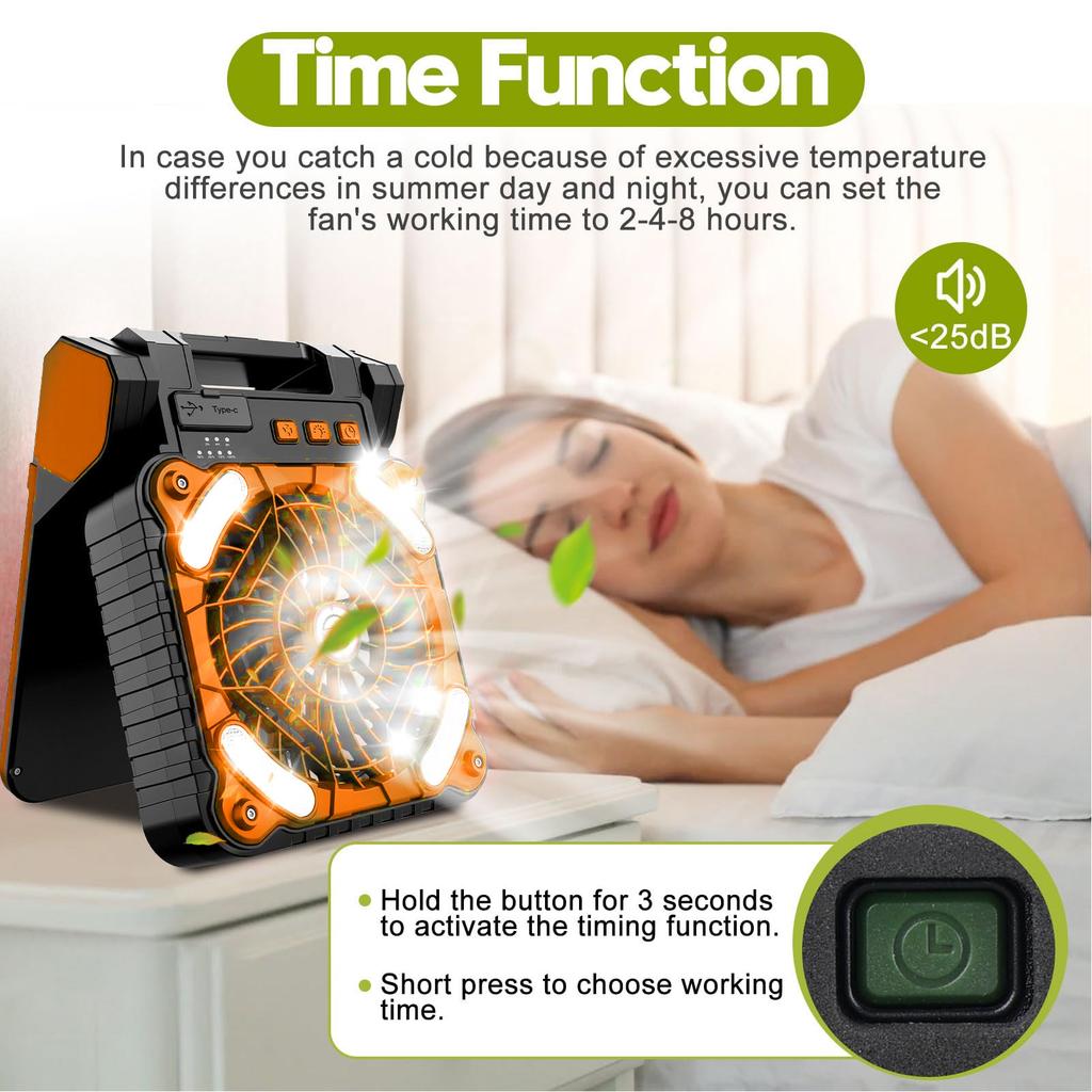 Solar Fan 5200MAH Type C Charging 4 Speed Adjustable Brushless Motor 4.5m/s Low Noise LED Timer Solar Camping Fan for Fishing Ou
