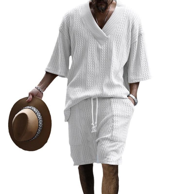 Yaz Rahat Şort Set Örme Iki Parçalı erkek Giyim V Yaka Kısa Kollu T-shirt ve Şort streetwear Örgü Kıyafetler
