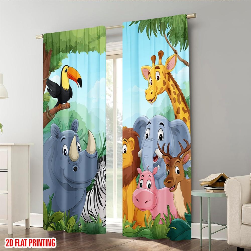 Set Of 2 Flat Printing Party Curtain Cute Cartoon Safari Animals Polyester Without Electricity Festive Holiday Perfect Home