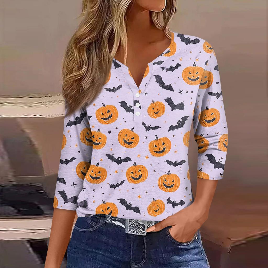 Women's V-Neck Button Halloween Three-quarter Sleeve T-Shirt Top