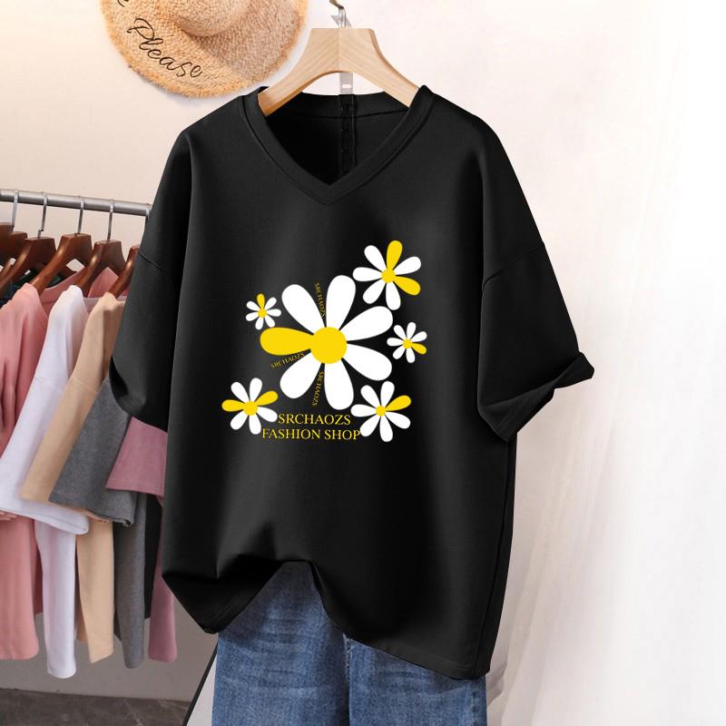 Short-sleeved T-shirt for Women, Large Size, Loose and Slimming, Printed V-neck Top
