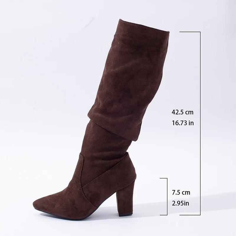 Pointed Toe Pleated Women Long Boots Fashion Slip On Knee High Booties Designer Thick Heels Largas Bootieser
