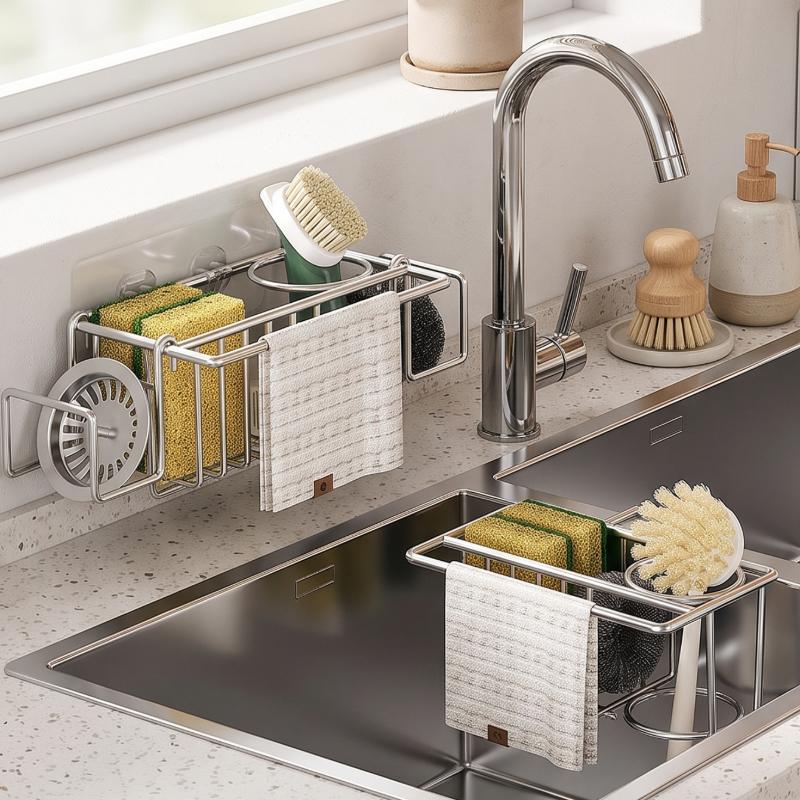 Punch-Free Kitchen Sink Organizer Rack,Sink Caddy,Multi Compartment Sponge Brush Dishcloth Storage Holder,dish Brush Holder