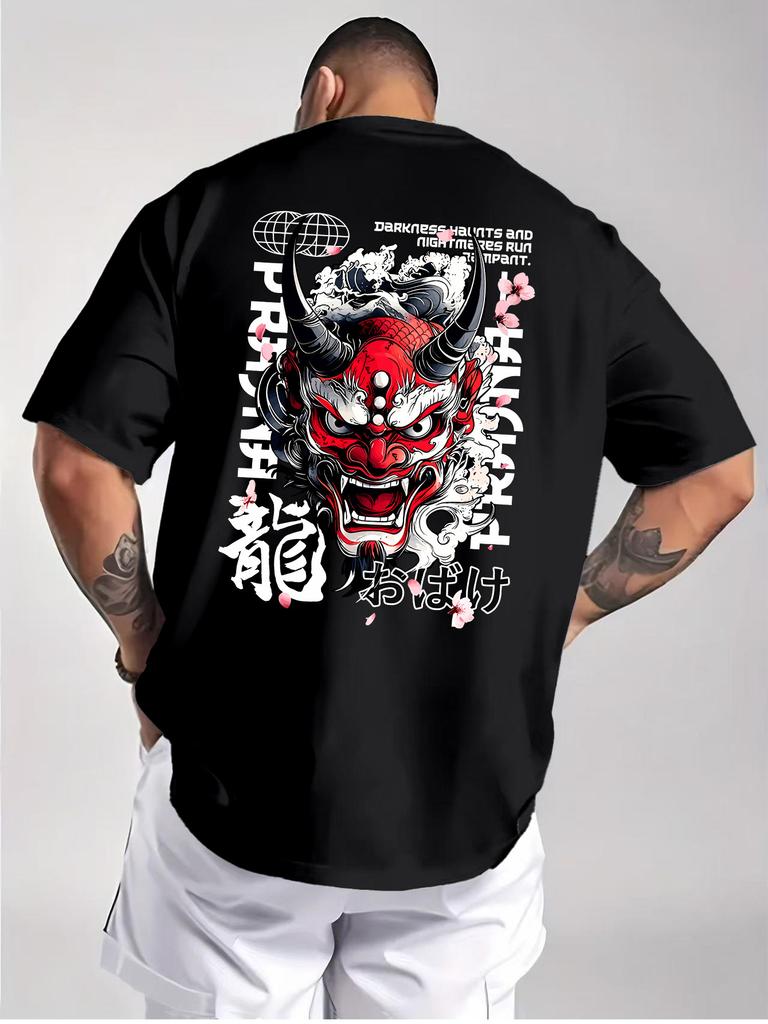 Men's Japanese Oni Demon Back Print T-shirt with Emphasis On Heavyweight Cotton Routine Fits Crew Neck T-shirt Cosplay Tops