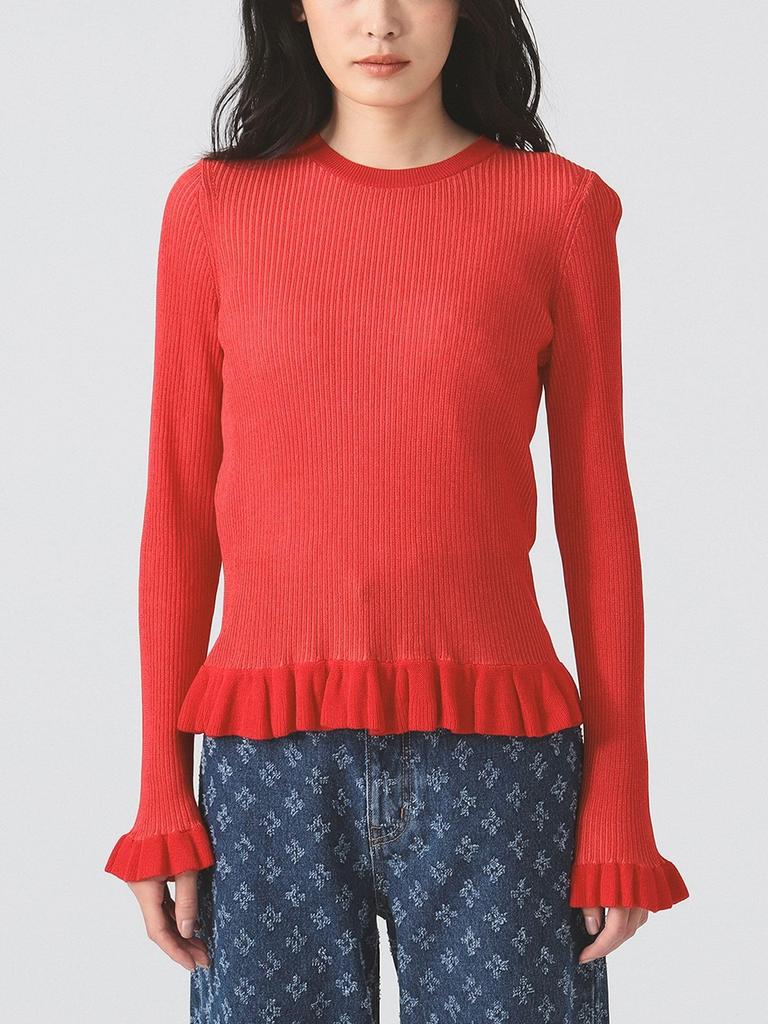 Ray Beams RIB Frill Hem Long Sleeve Knit Size Women's Sweater, Red/Free