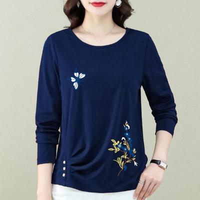 2023 Herbst und Winter Damen Pullover Rundhals Druck Knopf Falten Lockerer Saum Hemd Mode Lässig Langarm Oberteile