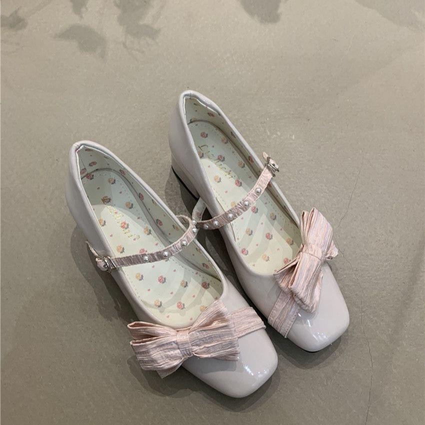Gentle fairy style Mary Jane shoes spring French cherry pink pearl bow square head shallow mouth high heels