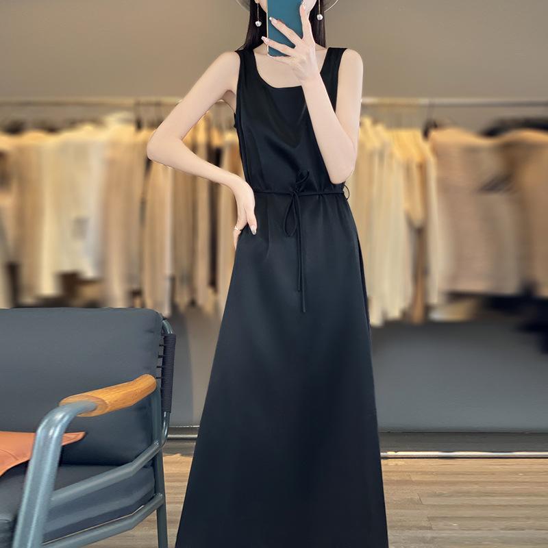 

Новое летнее платье из ацетатного атласа без рукавов с U-образным вырезом для женщин, с поясом, жилет, юбка, длинная юбка, на шнуровке, базовая юбка XXL