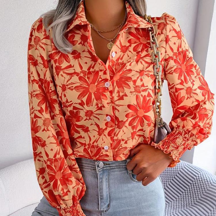 Women Casual Loose Long Sleeve Shirt Top Floral Print Office Wear Spring Summer Lapel Blouse
