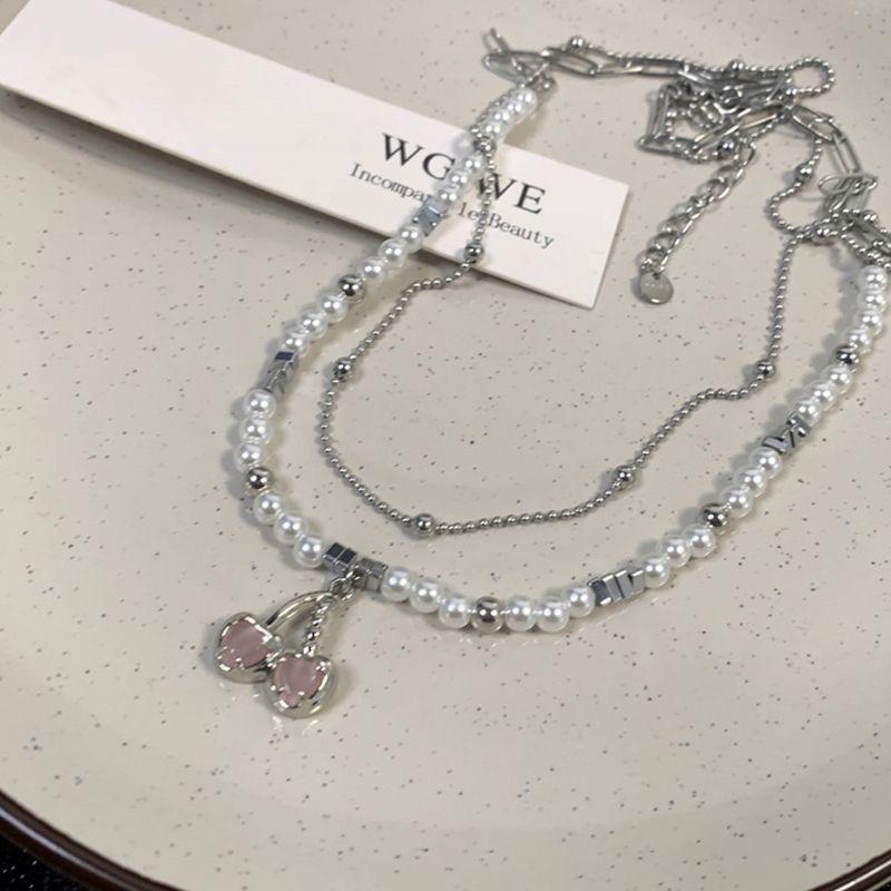 Pearl Cherry Necklace Women's Tide Double Layer Stacked Beaded Sweet Cool Sweater Chain Metal Accessories Niche Clavicle Chain Neck Chain