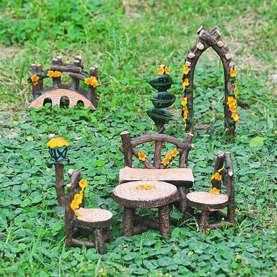 8 Pieces of Garden Furniture Decorations Table and Chair Sets Resin Benches Suitable for Toy House Accessories Home Micro Landscape Decorations