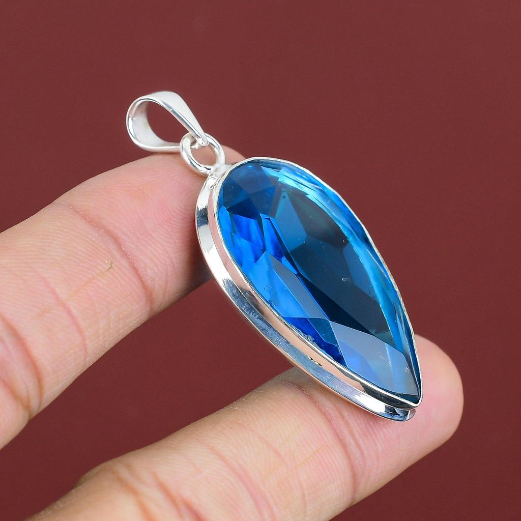 Faceted Swiss Blue Topaz Pendant Gemstone Pendant Handmade Jewelry 925 Sterling Silver Pendant Dainty Pendant Gift For Dad Statement Jewelry