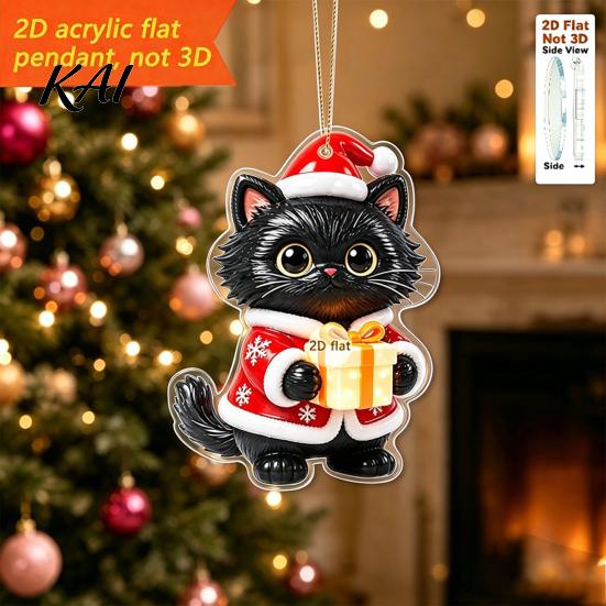 Acrylic Holiday Ornaments Christmas Cat Pendant with Hanging Rope, 2D Flat Ornament for Xmas Tree Unique Gift Ideas Decoration, Cute Decor,