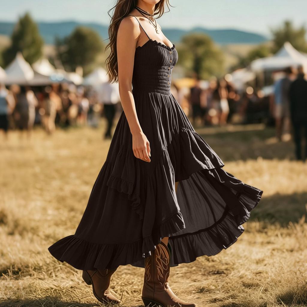 Women's Vintage Elegant Strapless Dress with Smocked Bust , Cinched Waist and Irregular Ruffle Hem