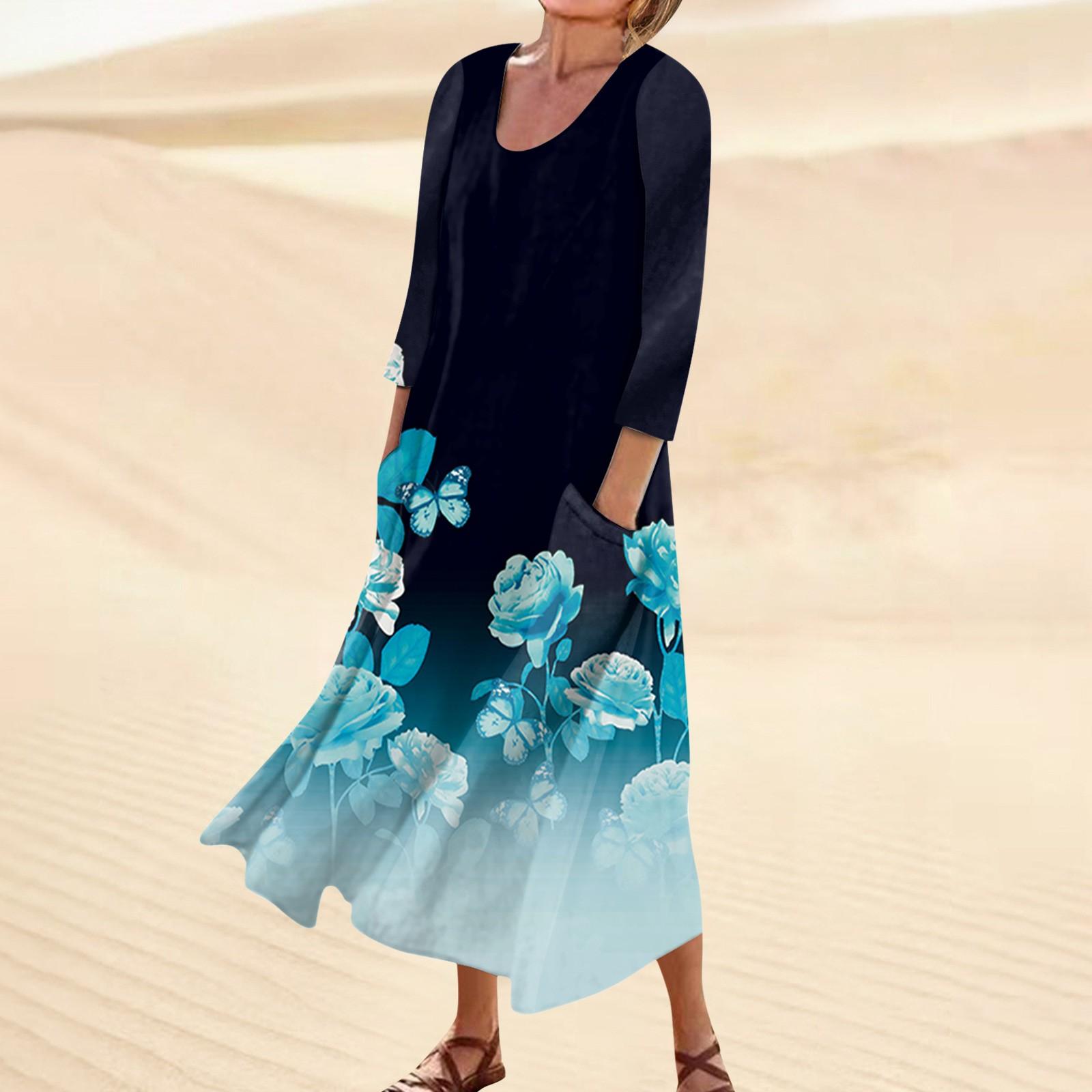 

Летнее платье для женщин, повседневное удобное модное платье с карманом и рукавами 3/4 с принтом XXXXL циан