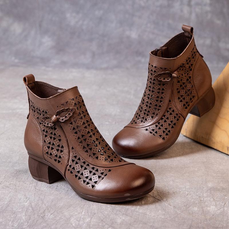 Cizme cool din piele pentru femei, de primăvară și vară, retro literare, cu toc gros, cu vârf rotund gol, cizme scurte cu vârf rotund, sandale noi pentru mamă