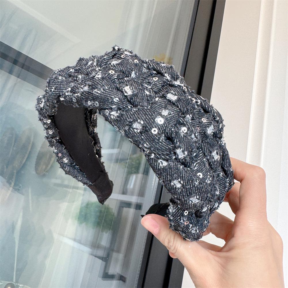 

B240-1 Широкое оголовье: Подчеркните форму волос и лицо с помощью джинсовой ткани с мелкими пайетками — модный универсальный аксессуар. чёрный/джинсовый