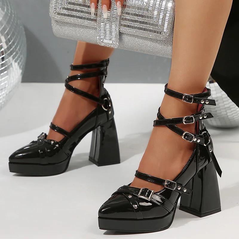 Fashion Rivet Buckle Decor High Heels Pumps for Women Patent Leather Ankle Buckle Punk Pumps Plus Size Thick Sole Chunky Platform Shoes