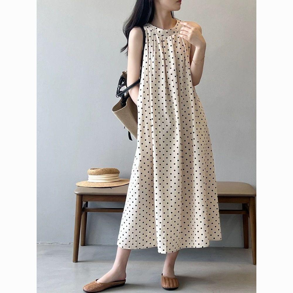 

Plus Size French Polka Dot Sleeveless Maternity Dress, Casual Long Summer T-shirt, Chubby-Friendly, Loose Fit, 240 Jin. S 90-105 lbs