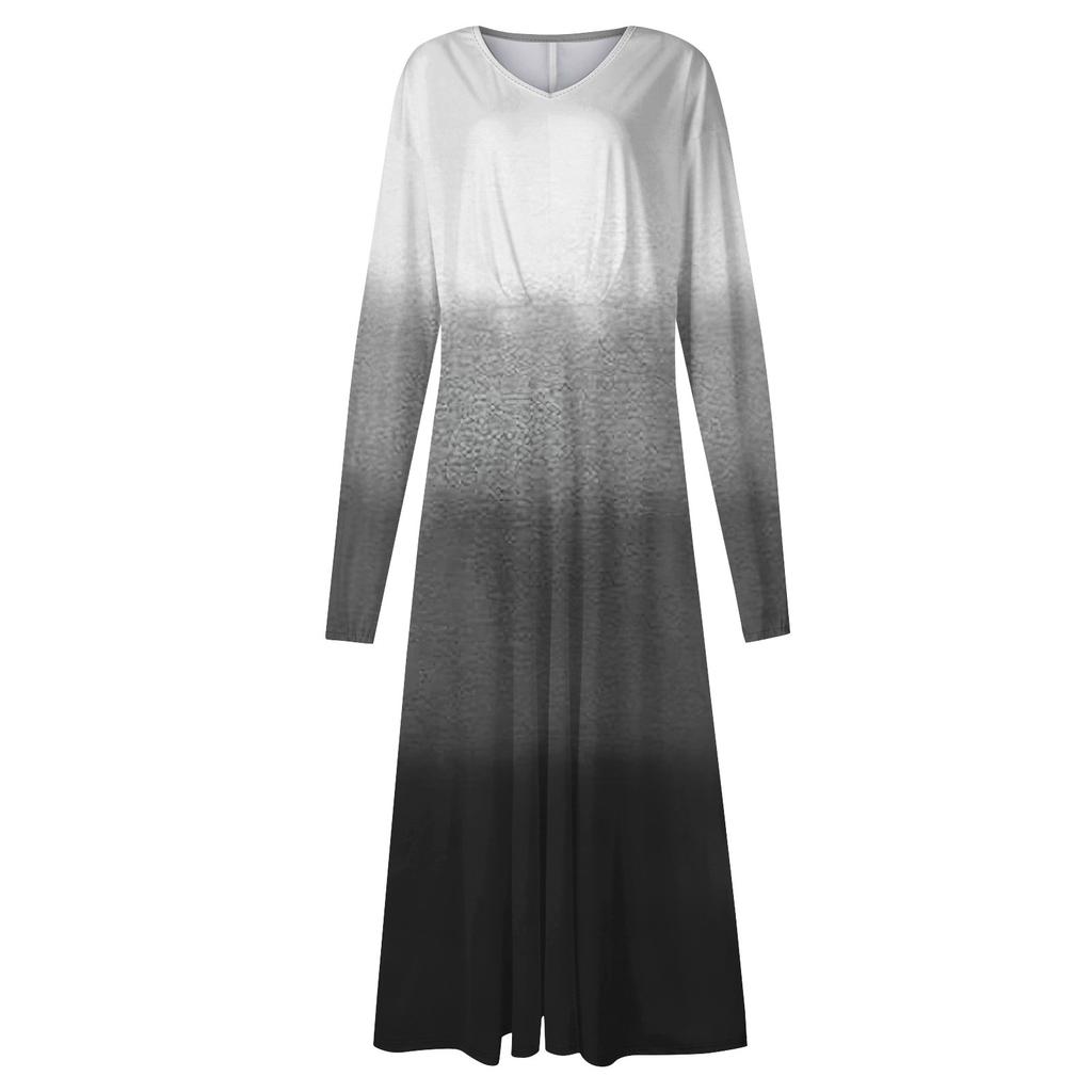 Women's And Winter Casual Fashion V-neck Long Sleeve Print Long Dress