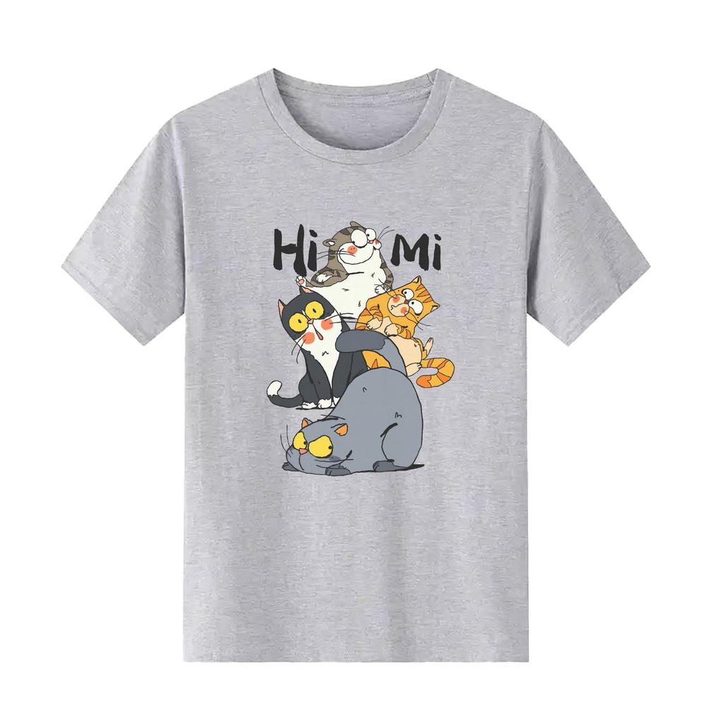 Cute cat HIMI cartoon print fashionable short sleeved round neck daily versatile Womens Tshirt suitable for all seasons