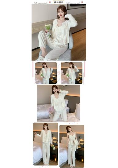 Pure Desire Women's 3-Piece Pajama Set: Long Sleeve, Spring/Autumn Cotton, Padded Camisole, Sexy Homewear