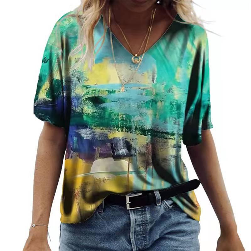 Damski T-shirt z krótkim rękawem i dekoltem V Luźny T-shirt Miejski Casual Nadruk 3D Damska Podstawa