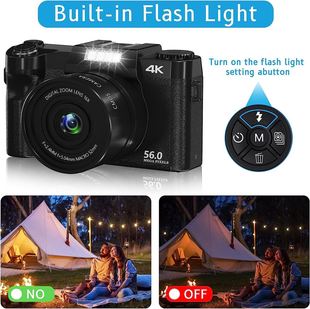 4K Digital Camera 48MP with 3 LCD Screen 16X Zoom Wide Angle & Macro Lens HDMI Output Motion Detection Supports 128GB SD Card