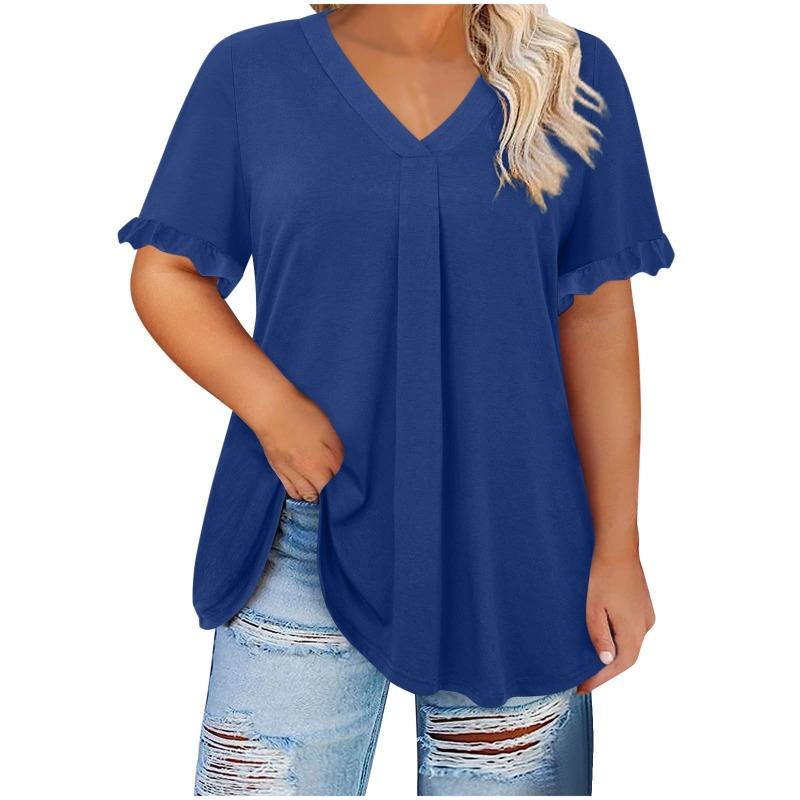 Women S Plus Size Casual Solid Short Sleeve Petal Sleeve V Neck Top