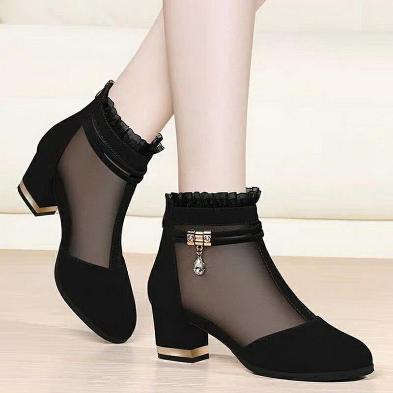 Fashion Women Sandals BootsHigh Heeled Short BotasSummer Mesh ShoesFemale Fashion Pointed ToeBlackBig Size 35-41Dropship 35 3990₽