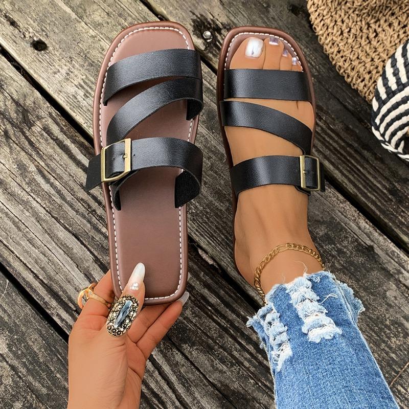 Women's Buckle Flat Slipper Peep Toe Retro Style Beach Sandal