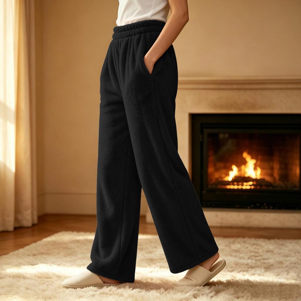 Pajama Pants Women Fuzzy Wide Leg Elastic Waist Trousers