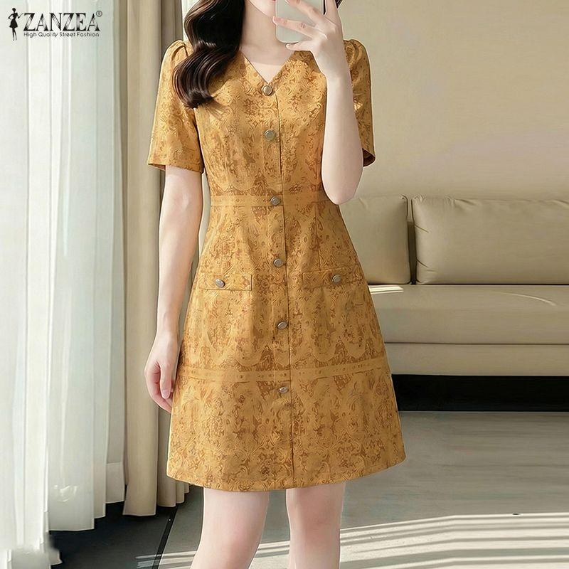 ZANZEA Women Elegant Print Casual V-Neck Summer Short Sleeve Dress