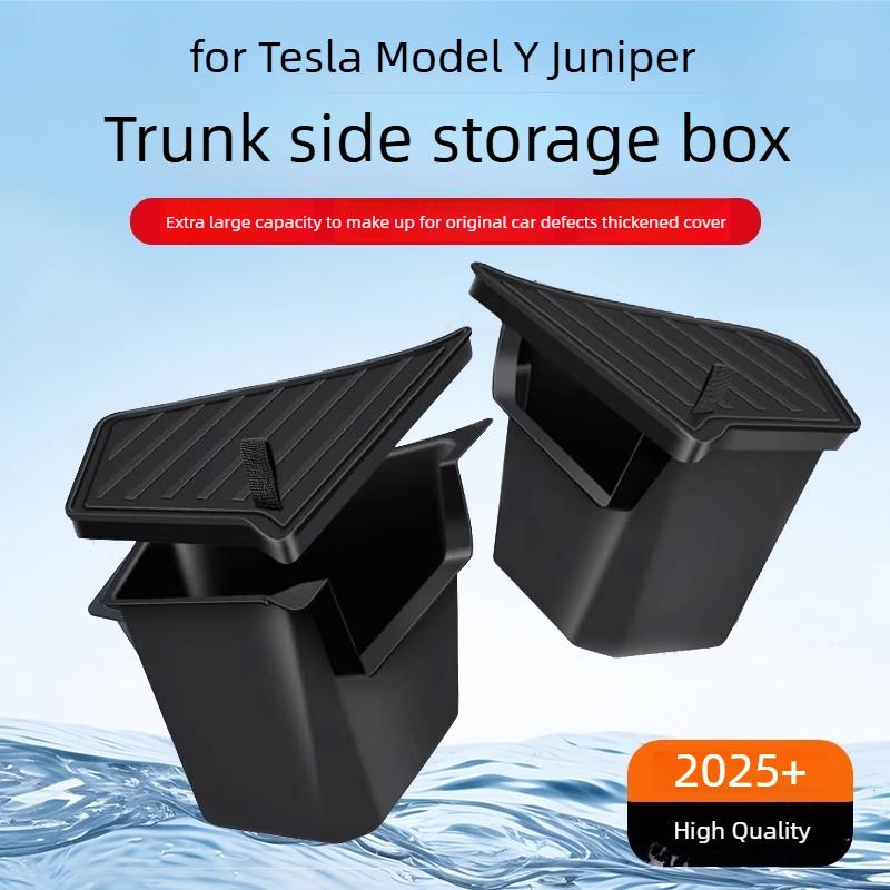 For Tesla Model Y Juniper 2025 2026 Launch Trunk Side Storage Box Boot Organizer Flocked TPE Mat Anti-dirty Travel Accessories