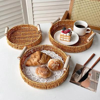 Woven Tray Fruit Basket Circular Bread Food Storage Box Woven Decorative Tray Bread Serving Basket for Camping Countertop Party