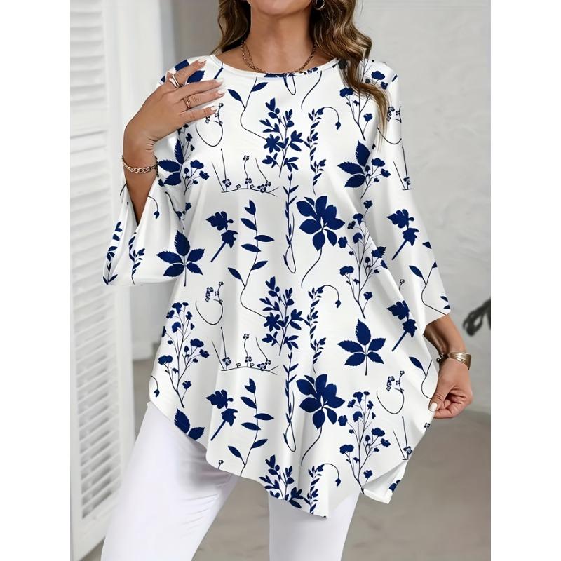 2025 New Hot Sale Casual Versatile Tops Floral Print Round Neck T-shirt Design Fashion Women's Three Quarter Sleeve Tops