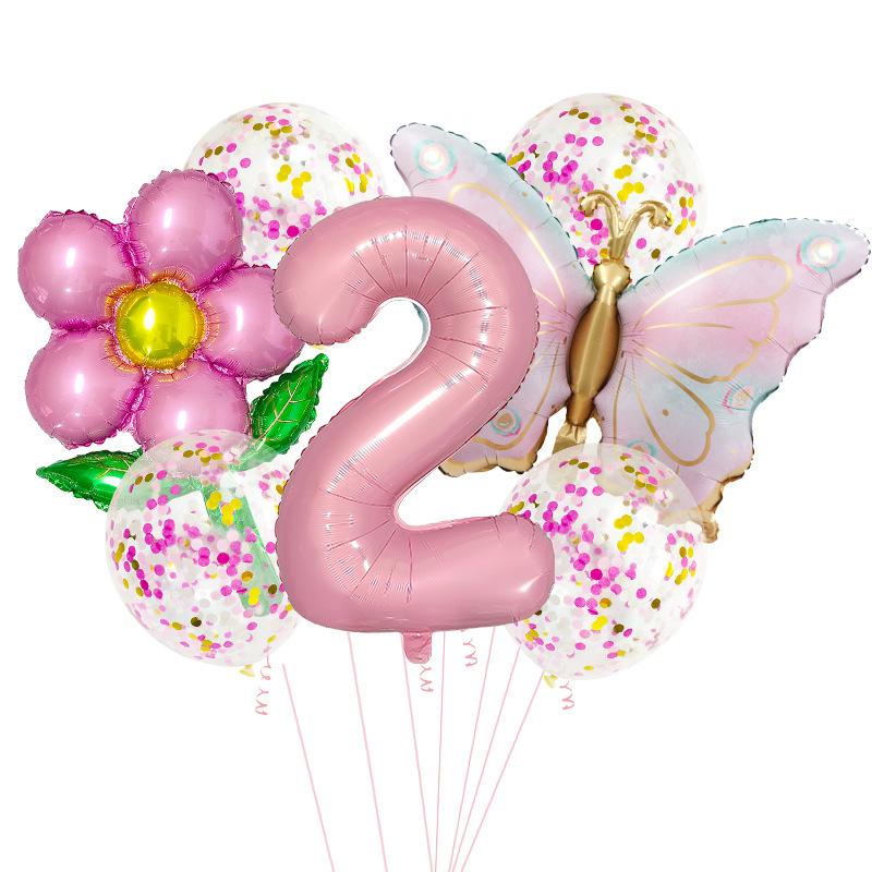 1set Pink Butterfly Flower Transparent Sequin Balloon 32inch Number 1-9 Set Birthday Party Baby Shower Wedding Decoration