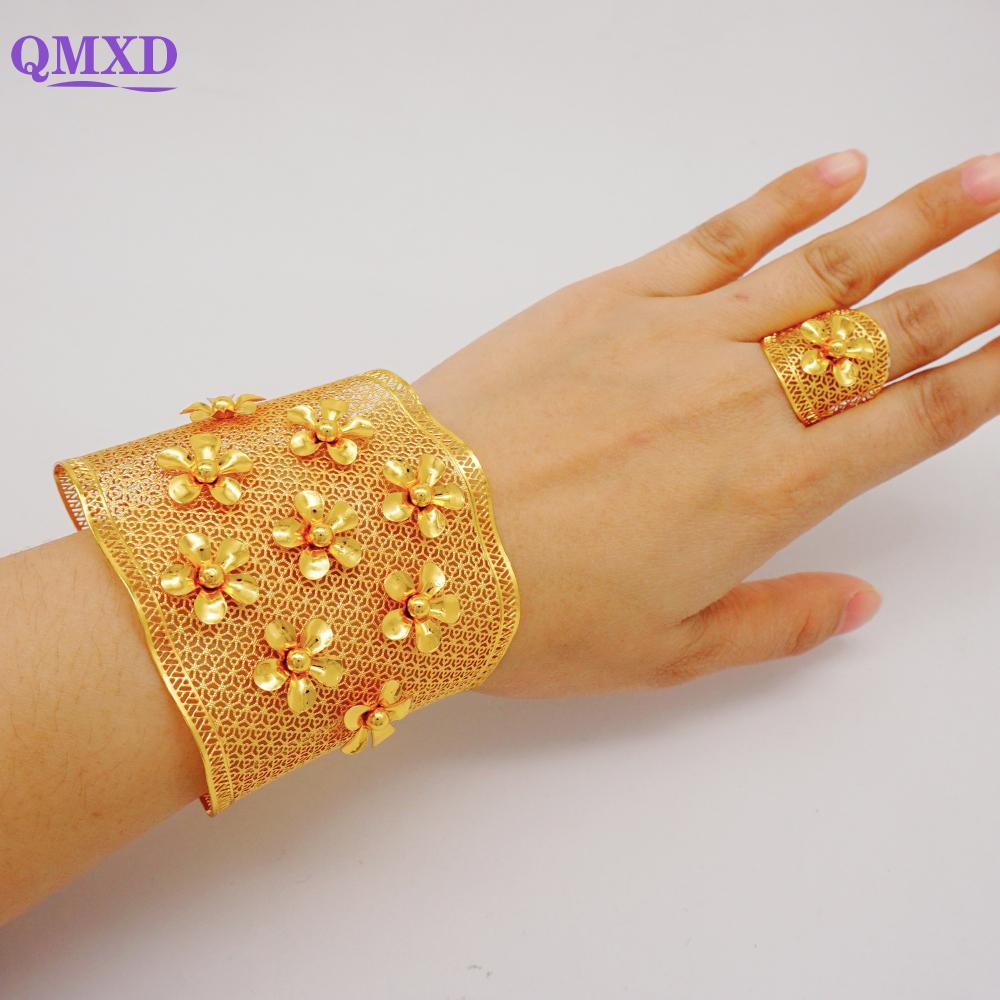 Dubai Gold Color Bangle With Ring For Women Charm Chain Cuff Bracelet Indian Bracelet Arabic France Bridal Wedding Jewelry Gifts