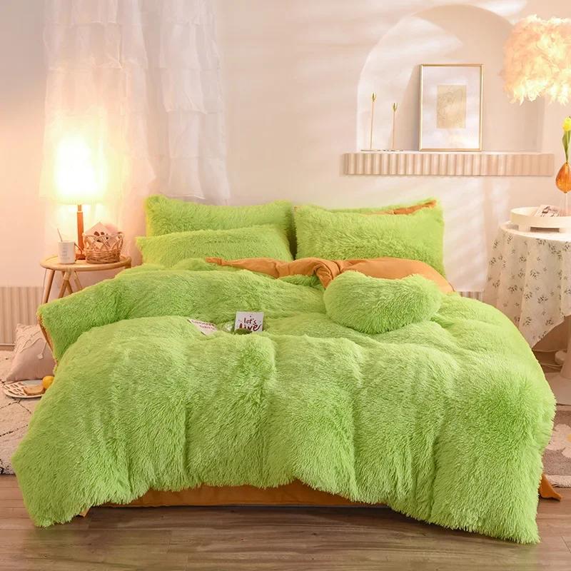 3/4PCS Winter Warm Plush Duvet Cover Pink Mink Velve+fluffy Flannel Quilt Cover Queen King Size Luxury Double Bed Bedding Set