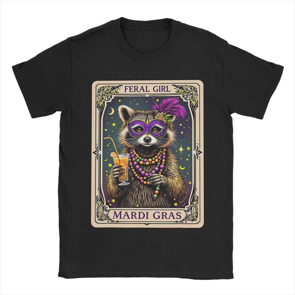 Unisex T-Shirts Feral Girl Mardi Gras Karneval Bunt Waschbär Einzigartig Baumwolle T-Shirts Kurzarm T-Shirt Rundhals Kleidung