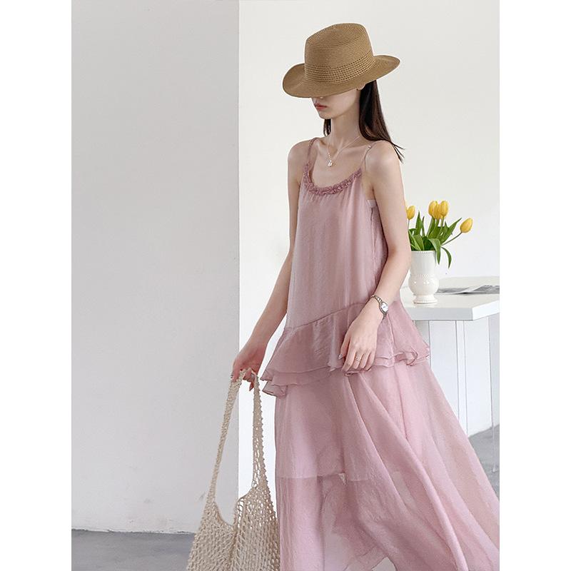 Summer new Korean fluttering design sense cascading ruffle edge suspender dress gentle and long