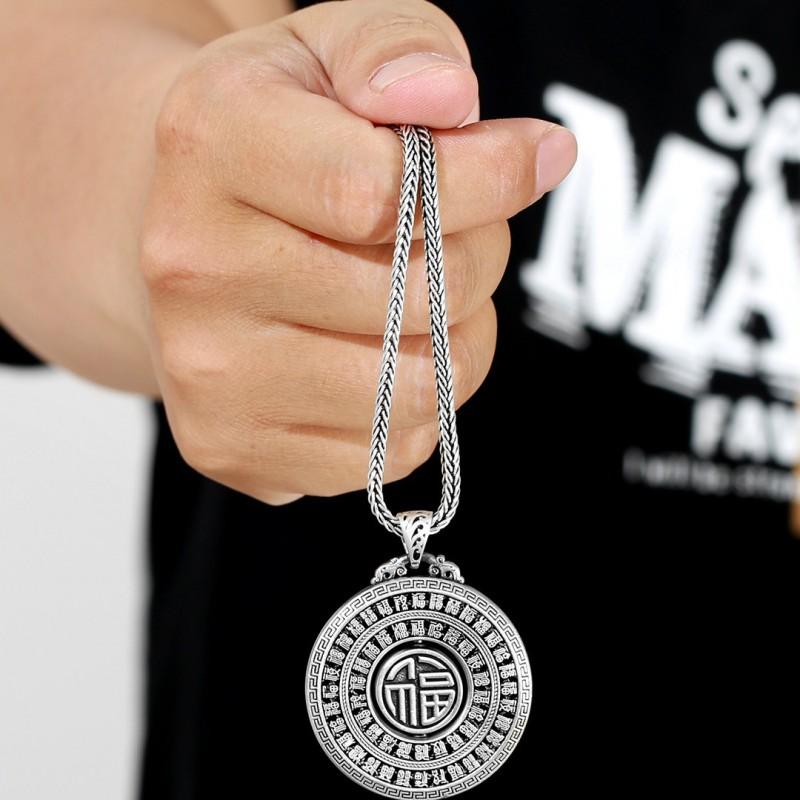 Vintage Chinese Fu Character Rotating Pendant Necklace Men Women Copper With Crystal Charm Adjustable Chain Options