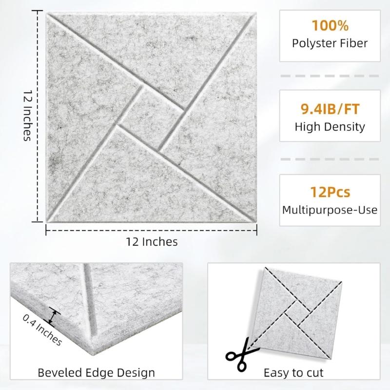12 Pieces Acoustics Foam Wall Tiles Soundproof Foam Panel Square Wall Panels Perfect for Quiet Study Spaces and Library