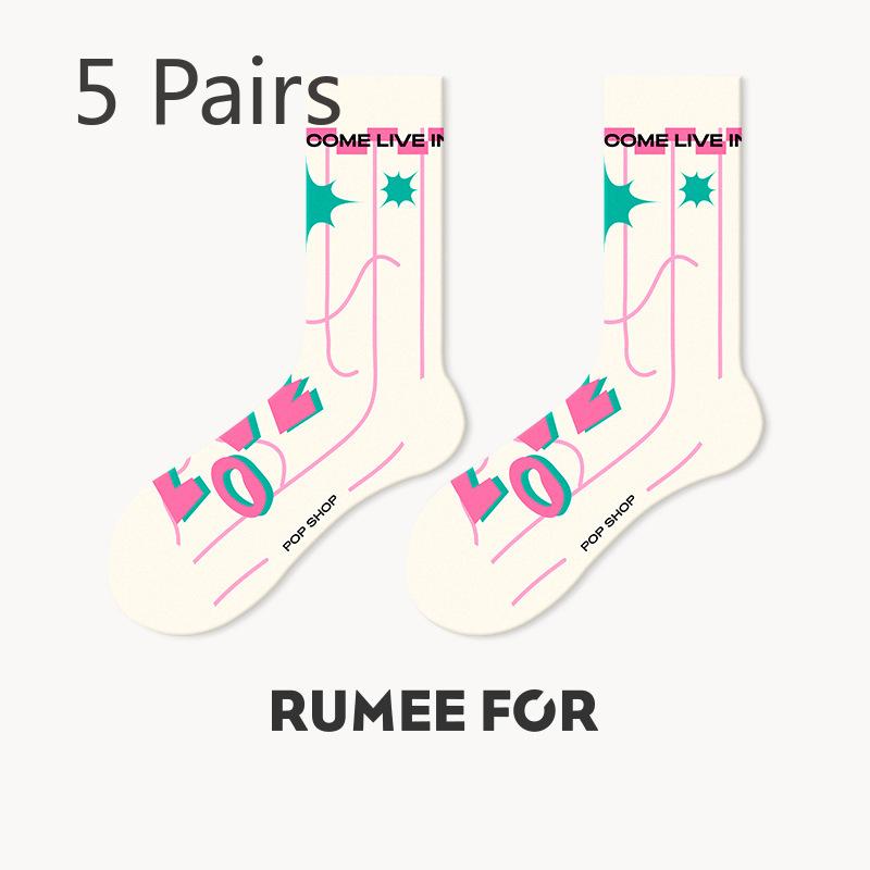 5 Pairs of Female Spring and Summer Sweat Tide Love In The Tube Cotton Socks