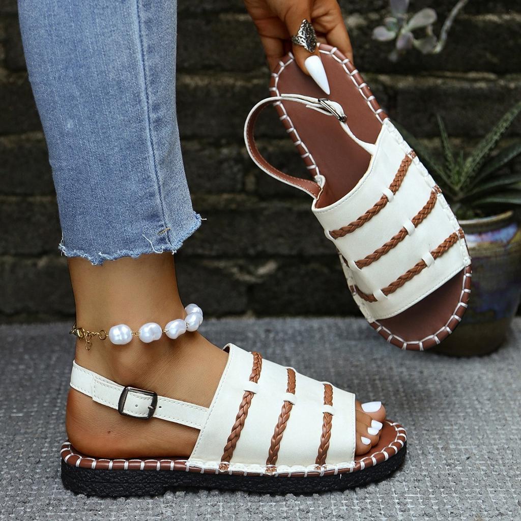 Large Size Sandals Women's New Flat-bottomed Woven Casual Outer Wear One-word Buckle Belt Comfortable Women's Sandals